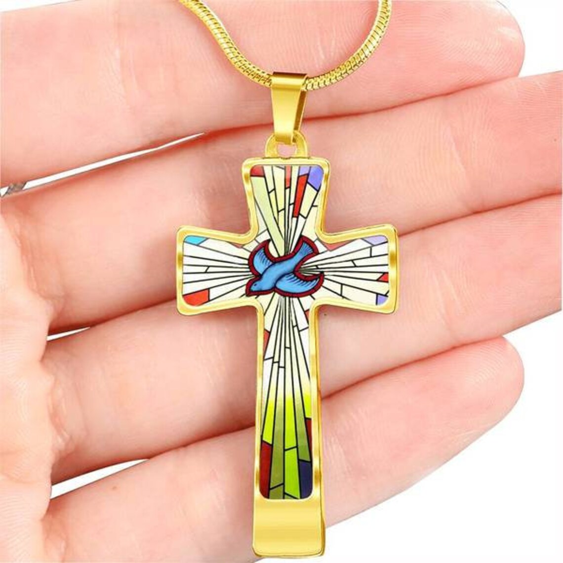 Stained Glass Art Cross Necklace Religious Necklace Gift Etsy