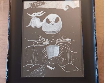 Jack Skellington akryl på 10 x 13 metall i ram.
