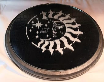 12 inch round wood frame with sun, moon, stars etched mirror