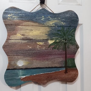 Acrylic ocean and beach scene on wood panel 15&quot; x 15&quot;