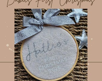 Babies 1st Christmas 2025, personalised Christmas decorations, embroidery hoop, hanging embroidery hoop