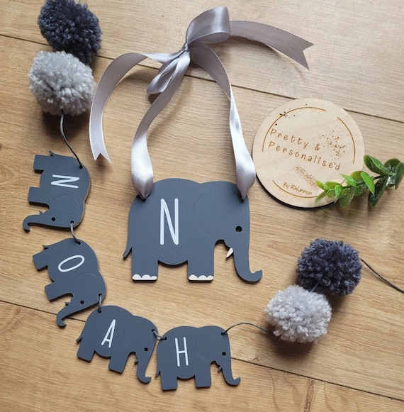 Personalised Elephant Bunting, Elephant Nursery Accessories, Personalised Bunting, Wooden Nursery Decor, Made to Order, Personalised Gift