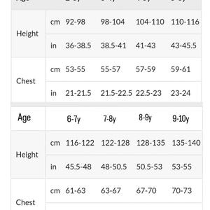 May include: A chart showing children's clothing sizes in inches and centimetres. The chart shows the age range, height, and chest measurements for children from 2 to 10 years old.