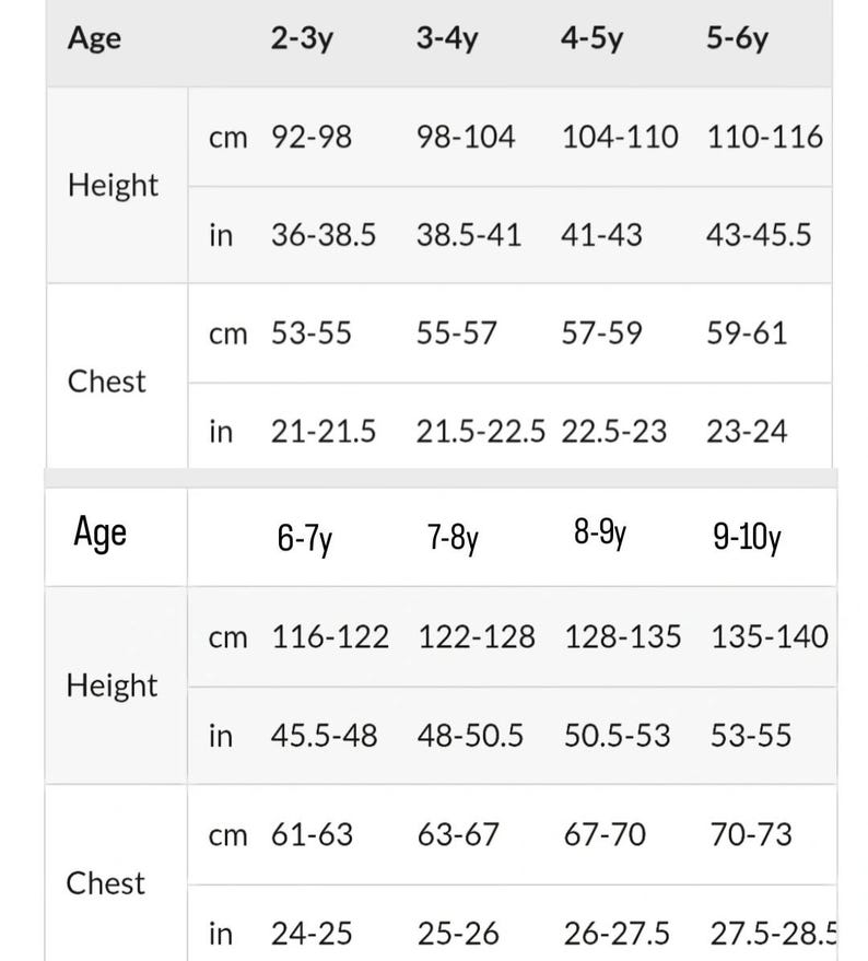 May include: A chart showing children's clothing sizes in inches and centimetres. The chart shows the age range, height, and chest measurements for children from 2 to 10 years old.