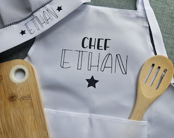 kids personalised apron and chef hat, Wooden kitchen accessories