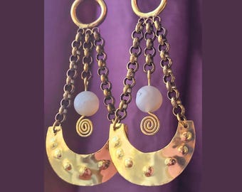 Planetary Druzy Quartz and Brass Crescent Shield Dangle Earrings