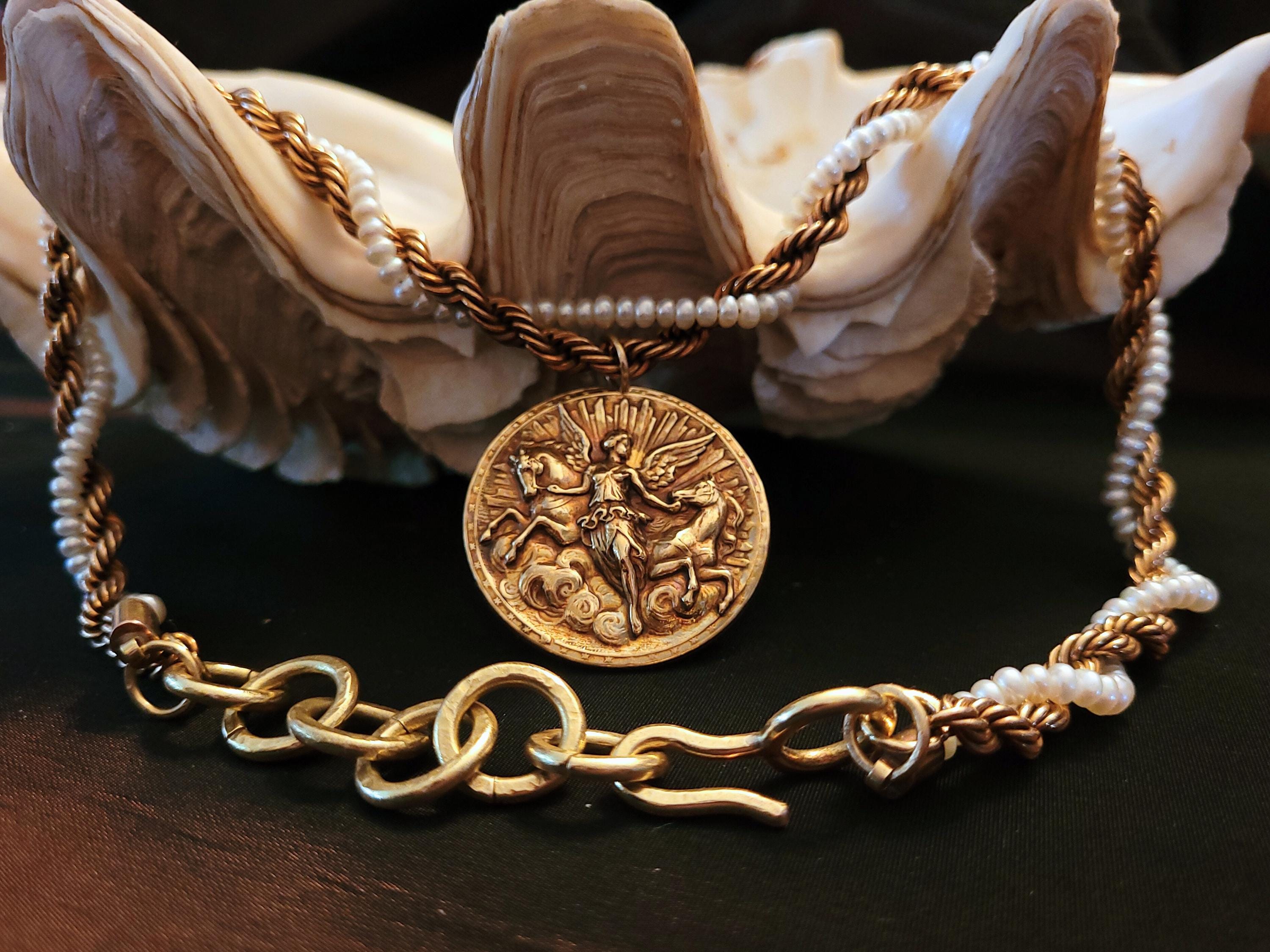 Pearl and Rope Chain Winged Warrior Goddess and Horse Medallion Necklace