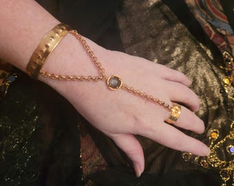 18K Gold Plated Hand Chain Bracelet Ring with Gray Moonstone