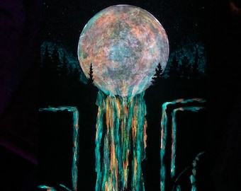 After Midnight - Glow In The Dark Painting - Glowing Art - Moon Melting into Waterfall - Moonlight - Surreal Art