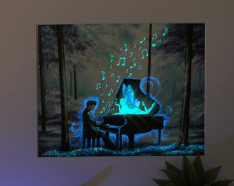 The Muse - Glow In The Dark Painting - Glowing Art - Piano Player - Fairy - Surrealism - Music of the Night