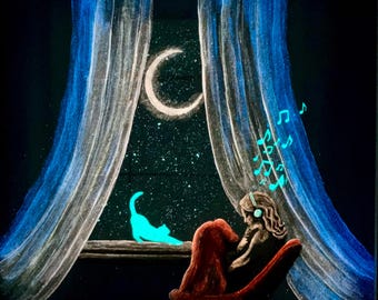 Music By Moonlight - Glow In The Dark Painting - Glowing Art - Listening to Music - Sleepy Kitty - Gift for Her