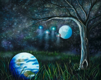 Some Other Time - Surreal Art - Earth and Moon - Nightscape - Universe - Original Painting