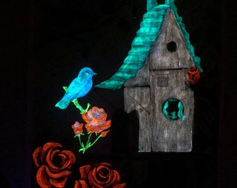 My Nest - Glow In The Dark Painting - Bird House - Blue Bird - Home Sweet Home - Surreal Art