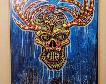 Forest walker, day of the dead. Acrylic painting of skulls and antlers on wood. Colorful and bright.dia de los Muertos Sugar skull