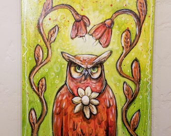 A owl with flowers. Looking for love. Original acrylic painting. Nature inspired.