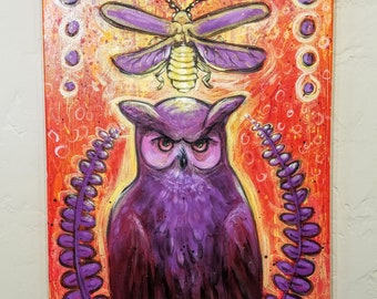 Owl and lightning bug painting. Mystical and whimsical. Original art on a canvas.