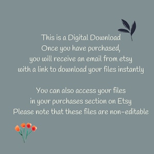 K&ouml;nnte beinhalten: Text auf blauem Hintergrund mit floralem Design oben und unten. Der Text lautet: "Dies ist ein digitaler Download. Sobald Sie gekauft haben, erhalten Sie eine E-Mail von Etsy mit einem Link zum sofortigen Download Ihrer Dateien. Sie k&ouml;nnen auch auf Ihre Dateien in Ihrem Kaufbereich auf Etsy zugreifen. Bitte beachten Sie, dass diese Dateien nicht bearbeitbar sind."