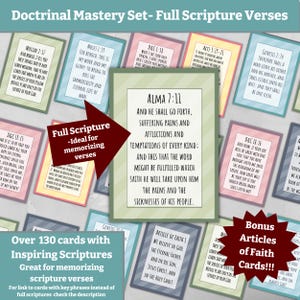 May include: A collection of rectangular cards featuring printed scripture verses, each framed with a coloured border. The cards display various religious texts, including Alma 7:11, Mosiah 2:17, and Genesis 2:24, with text overlays stating Doctrinal Mastery Set and Bonus Articles of Faith Cards.