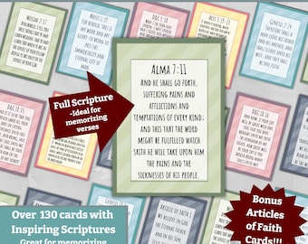 May include: A collection of rectangular cards featuring printed scripture verses, each framed with a colored border. The cards display various religious texts, including Alma 7:11, Mosiah 2:17, and Genesis 2:24, with text overlays stating Doctrinal Mastery Set and Bonus Articles of Faith Cards.