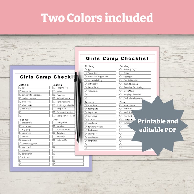 Girls Camp Editable Packing List, Youth Conference, Girls Camp Planning ...