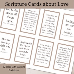 May include: Thirty-two cards with inspiring scriptures about love. Each card features a quote about love from a different religious leader. The cards are beige with brown borders.