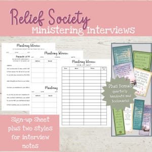 May include: Pink and white printable set for Relief Society Ministering Interviews. Includes sign-up sheets, interview notes, quarterly handouts, and bookmarks. Text reads "Relief Society Ministering Interviews".