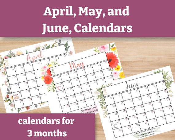 floral april may june calendar printable set etsy