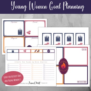 Puede incluir: Una hoja de trabajo imprimible de planificación de objetivos para mujeres jóvenes. La hoja de trabajo está dividida en cuatro secciones: espiritual, social, física e intelectual. Cada sección tiene un espacio para escribir objetivos y pasos a seguir. La hoja de trabajo también incluye una sección para las fechas de vencimiento. La hoja de trabajo está diseñada para ayudar a las mujeres jóvenes a establecer objetivos y hacer un seguimiento de su progreso.