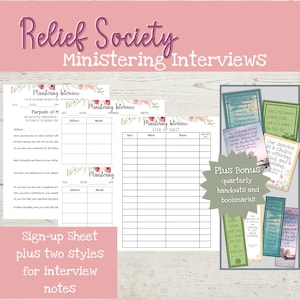 Può includere: Pagine stampabili rosa e bianche per i colloqui di servizio della Società di Soccorso. Include moduli di iscrizione, note dei colloqui, dispense trimestrali e segnalibri. Il testo include "Relief Society", "Ministering Interviews" e "Sign-up Sheet".