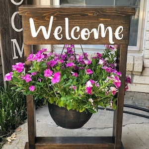 Hanging flower basket stand, Outdoor flower stand, Personalized plant stand, Porch decor, Flower stand, Welcome sign, Front porch decor