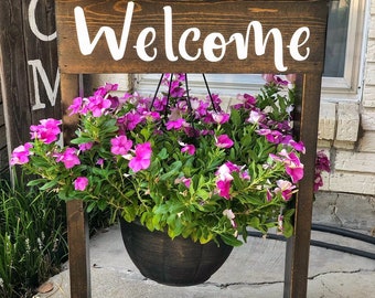 Hanging flower basket stand, Outdoor flower stand, Personalized plant stand, Porch decor, Flower stand, Welcome sign, Front porch decor