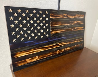 Police Appreciation American Flag, Burned Wood Flag, Thin Blue Line Flag, Rustic American Flag