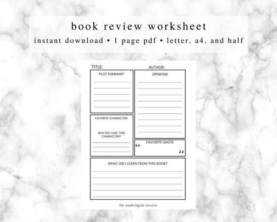 digital book review worksheet instant download 1 page pdf etsy ireland