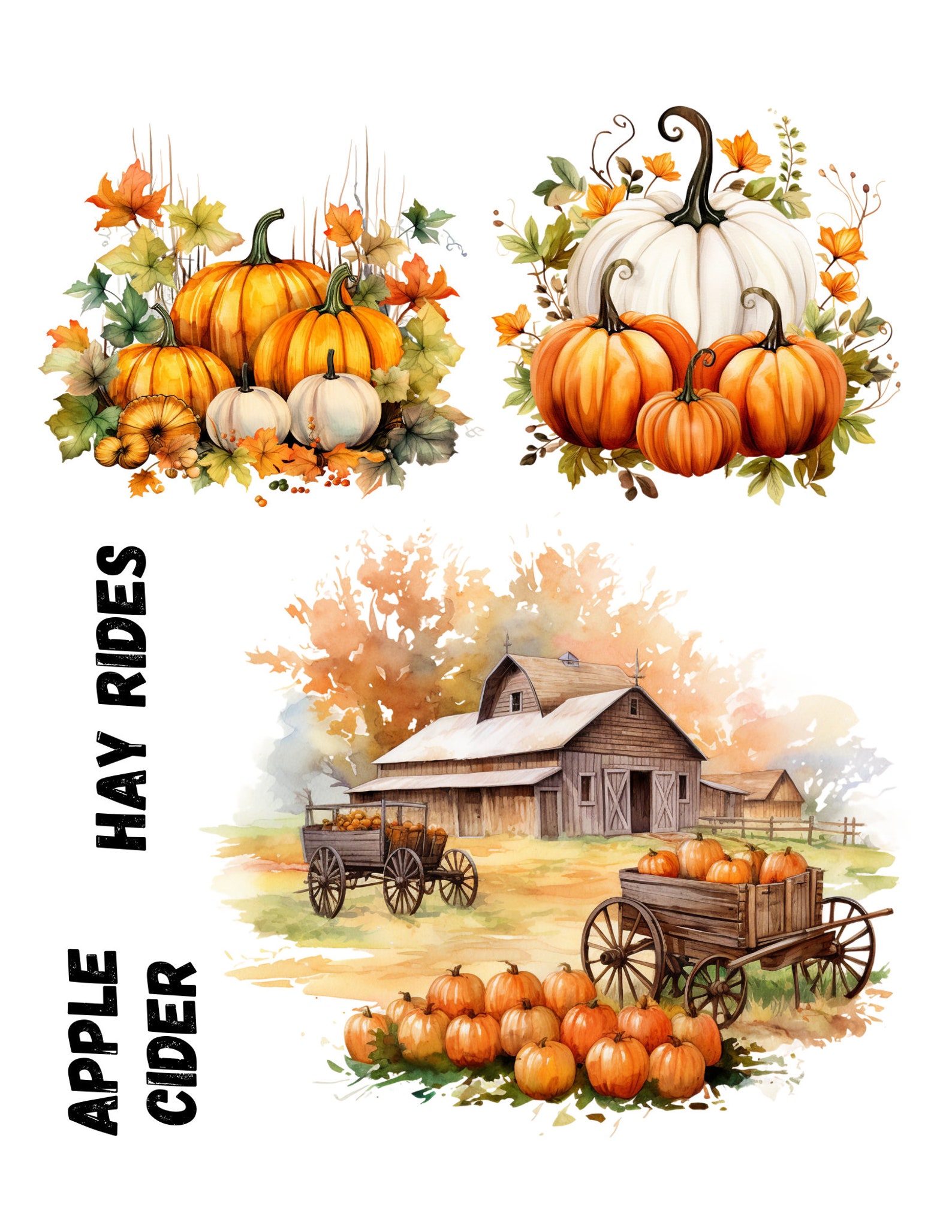 Fall Farmhouse Decoupage Bundle, Pumpkins, Farms, Barns, Labels, Words ...