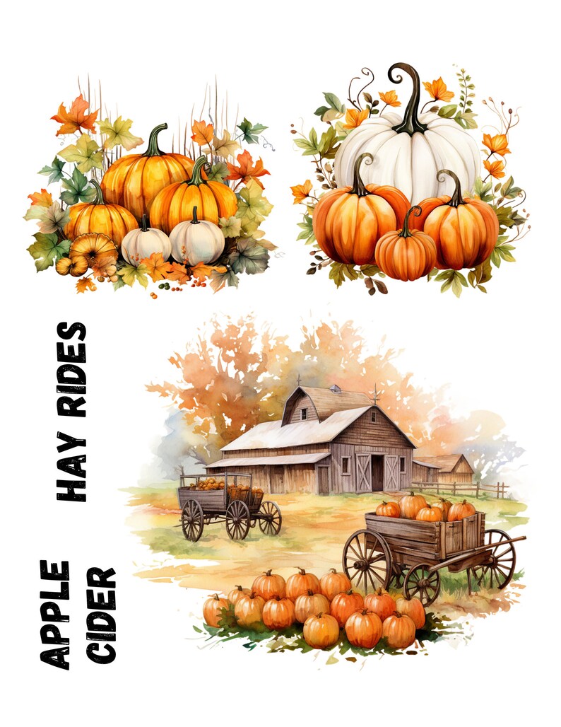 Fall Farmhouse Decoupage Bundle, Pumpkins, Farms, Barns, Labels, Words ...