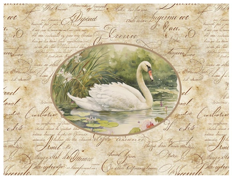 Set of 6 Vintage Script Background With Swan in Pond Various Colors ...