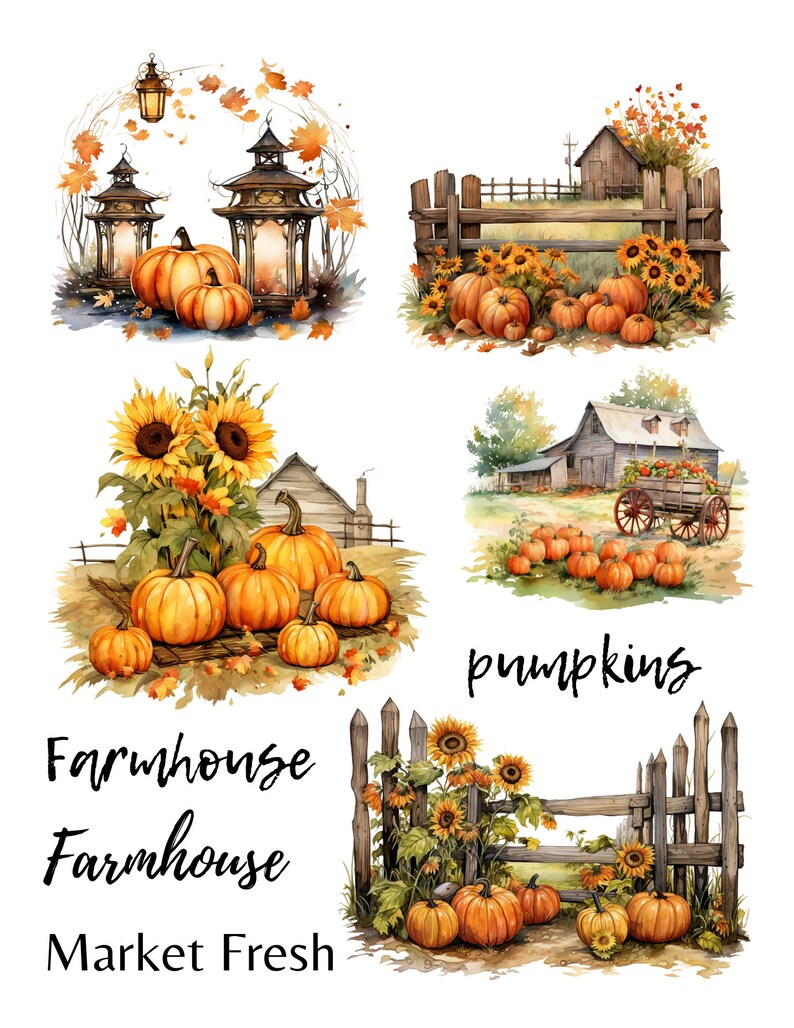 Fall Farmhouse Decoupage Bundle, Pumpkins, Farms, Barns, Labels, Words ...