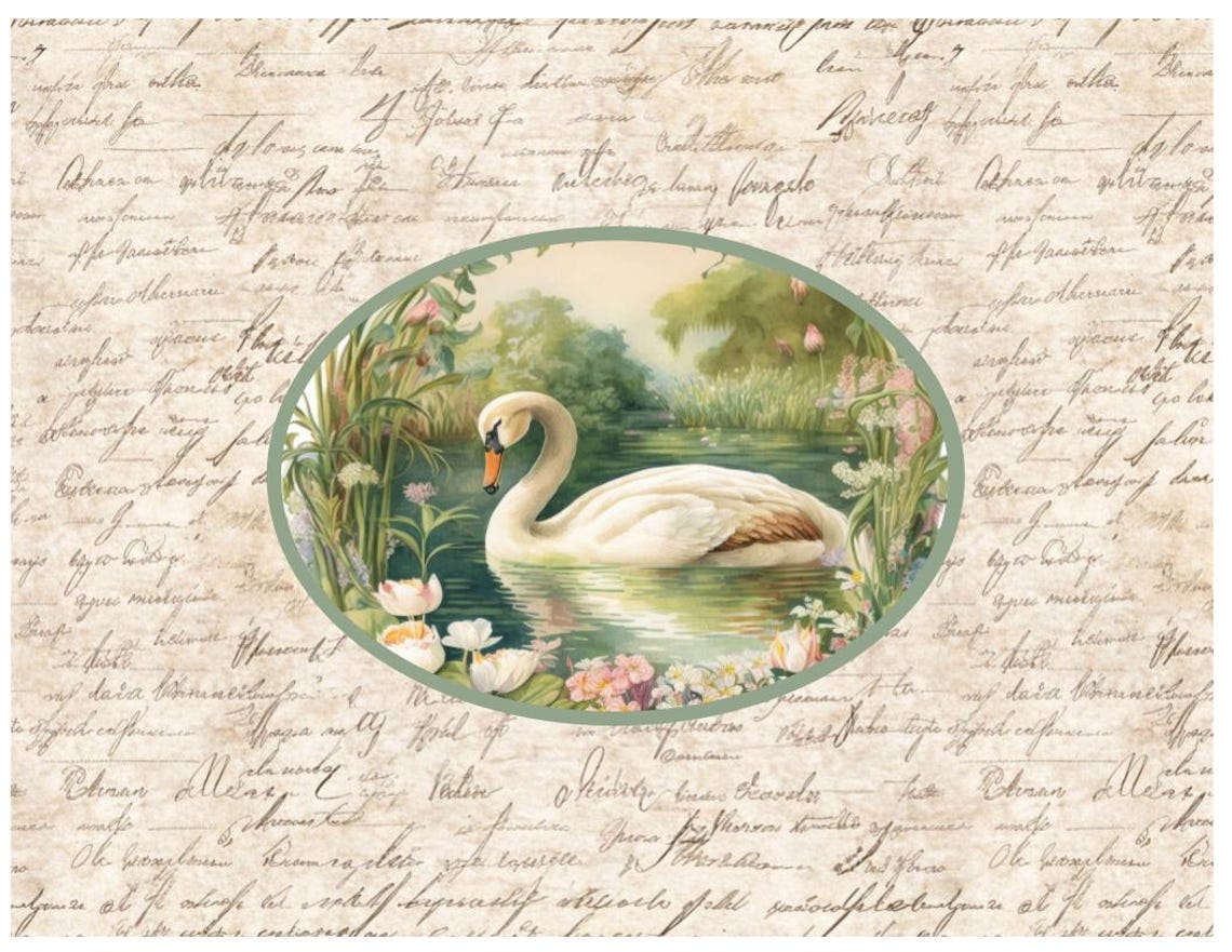 Set of 6 Vintage Script Background With Swan in Pond Various Colors ...