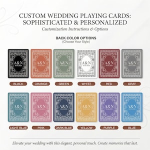 May include: Custom wedding playing cards with personalized designs. The image shows a variety of back color options, including black, orange, green, white, red, gray, light blue, pink, dark blue, yellow, purple, and blue. Each card features the initials "A&N" and the date "30.05.2026".