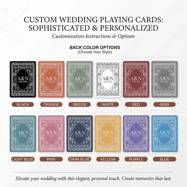 May include: Custom wedding playing cards with personalized designs. The image shows a variety of back color options, including black, orange, green, white, red, gray, light blue, pink, dark blue, yellow, purple, and blue. Each card features the initials "A&N" and the date "30.05.2026".