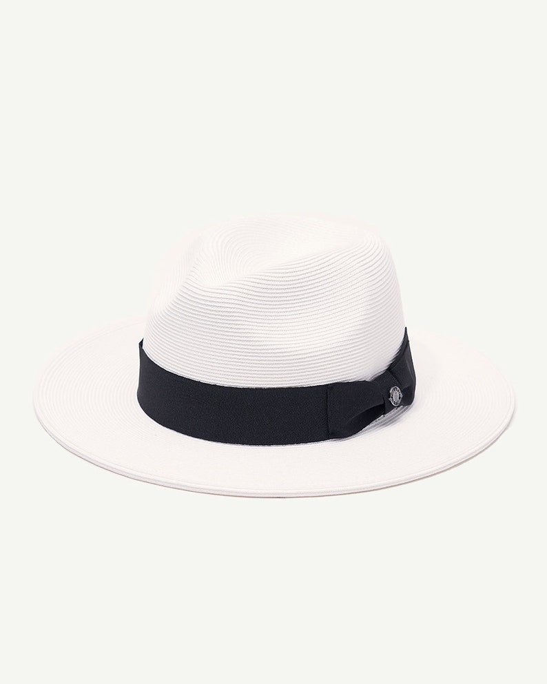 Sun Hat for Men, Handmade Summer Fedora Straw Hat with Bowtie and Wide Brim, Beach Hat, Vacation Hat White