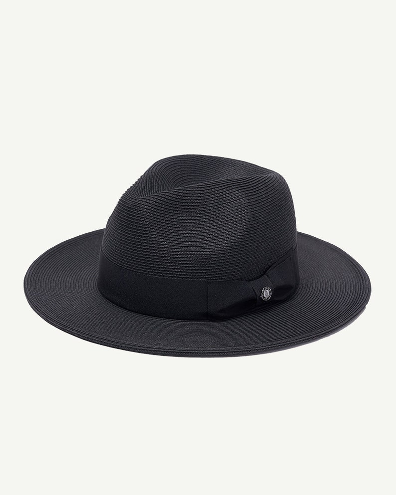 Sun Hat for Men, Handmade Summer Fedora Straw Hat with Bowtie and Wide Brim, Beach Hat, Vacation Hat Black