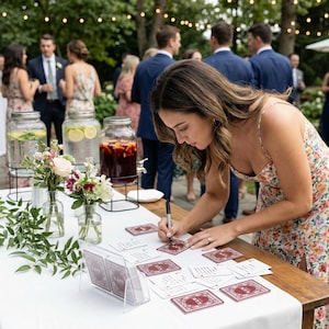May include: A woman signing a card at a wedding reception. The table is set with floral arrangements, drinks in glass dispensers, and personalized cards. The cards have a burgundy border and the initials "K&W".