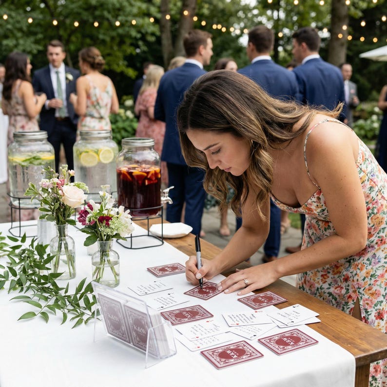 May include: A woman signing a card at a wedding reception. The table is set with floral arrangements, drinks in glass dispensers, and personalized cards. The cards have a burgundy border and the initials "K&W".