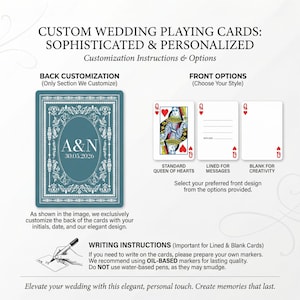 May include: Custom wedding playing cards with personalized options. The back of the cards features initials and a date within an ornate frame. Front options include a Queen of Hearts, lined cards, and blank cards.