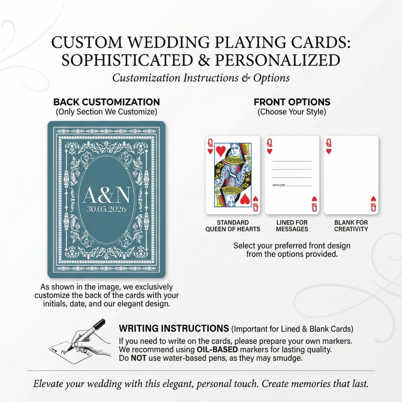 May include: Custom wedding playing cards with personalized options. The back of the cards features initials and a date within an ornate frame. Front options include a Queen of Hearts, lined cards, and blank cards.