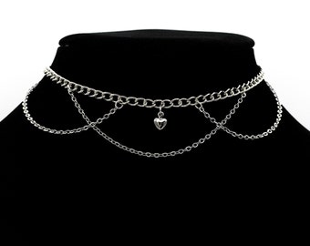 Rhinestone Heart Charm Gold, Silver Cute Classy Layer Choker Necklace