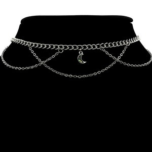 Moon Charm Silver or Gold Cute Goth Classy Multi Layer Choker Necklace