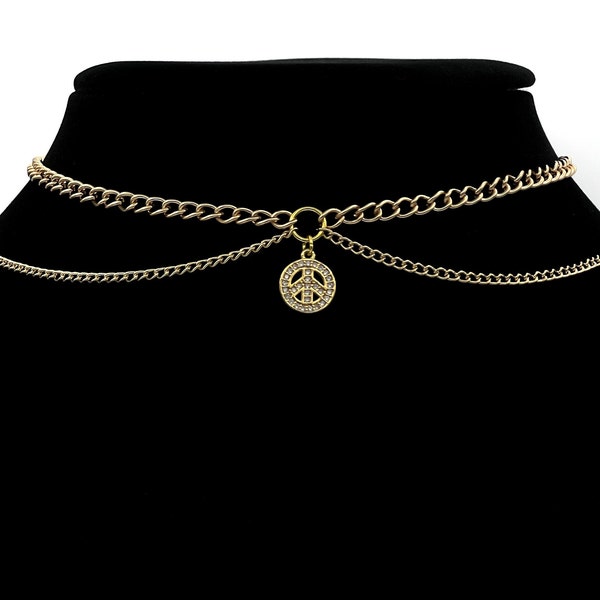 Peace Sign Rhinestone Dainty Elegant Cute Gold Double Chain Choker ONLY ONE