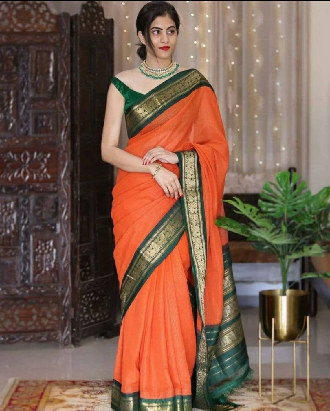 Orange green border indian designer Bollywood saree blouse | Etsy